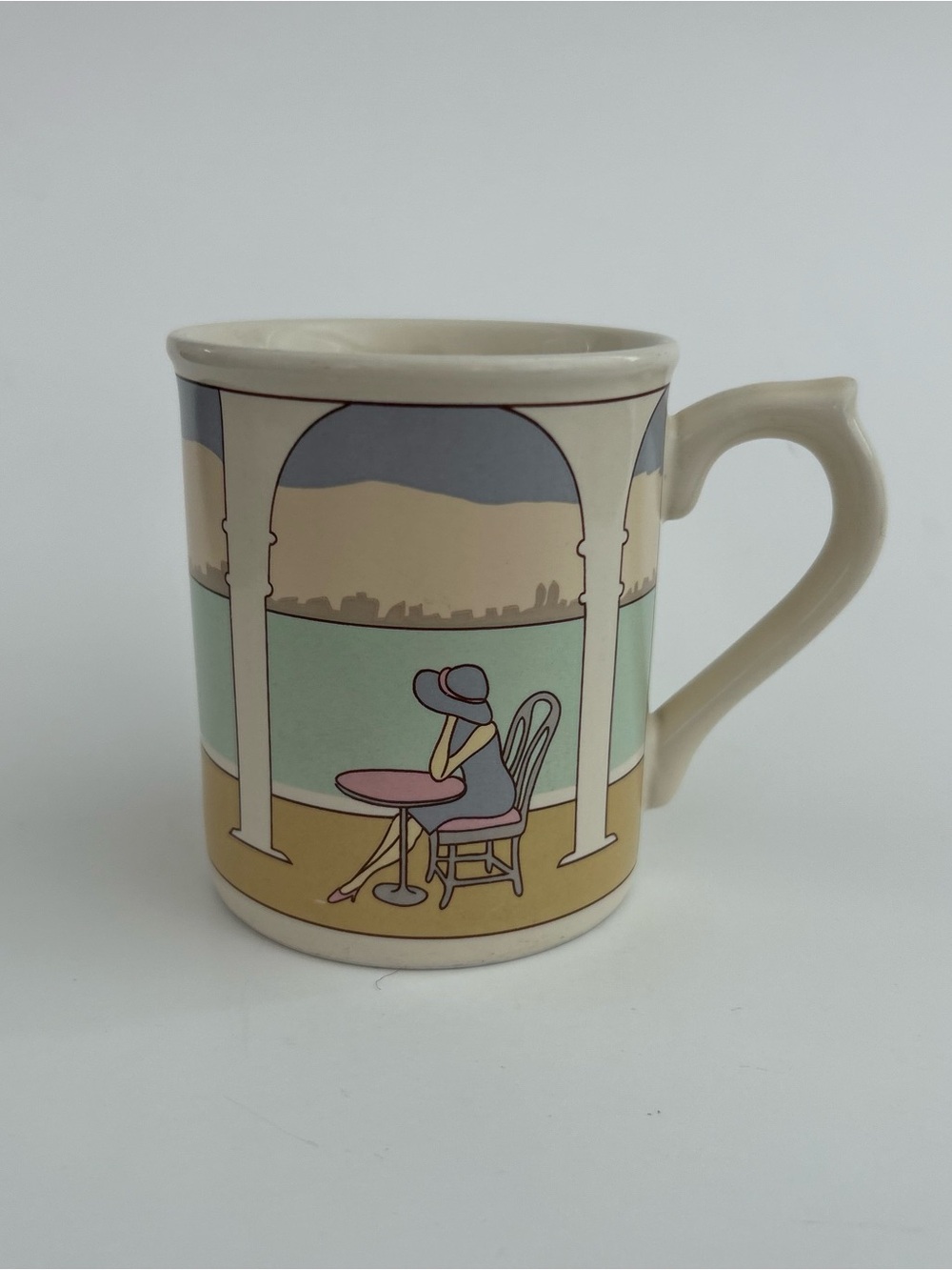 Vintage Illustrated Coastal Scene Ceramic Mug — Pastel Multi